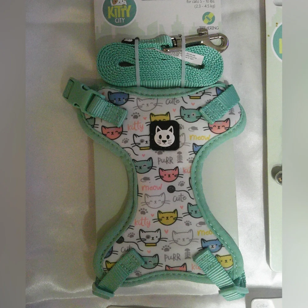 Kitty City Green Cat Face Print Harness/Leash Set, Collar, Bow Tie, Charm